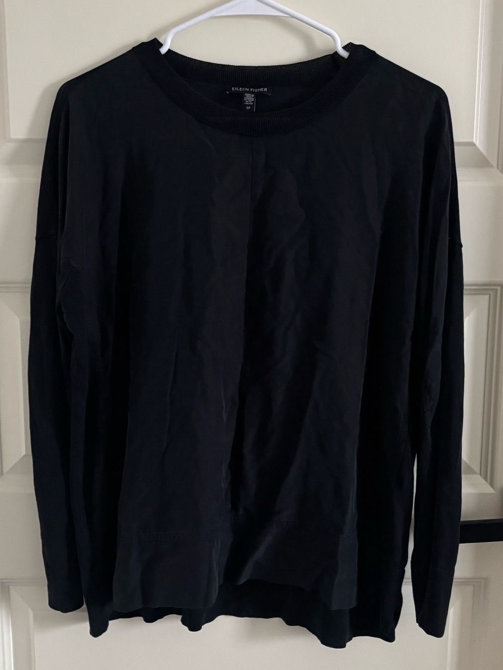 Eileen Fisher Black Silk Relaxed Long-Sleeve Top